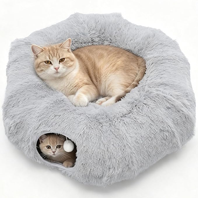 DUMOS Cat Tunnel Bed for Indoor Cats, Cave Donut Play Tunnel, Silver | Soft Plush Peekaboo, Washable Circle Cushion, Multifunctional Playground Under Tree Toys for Kittens, Puppy, Rabbit, Ferret by DumosLifestyle