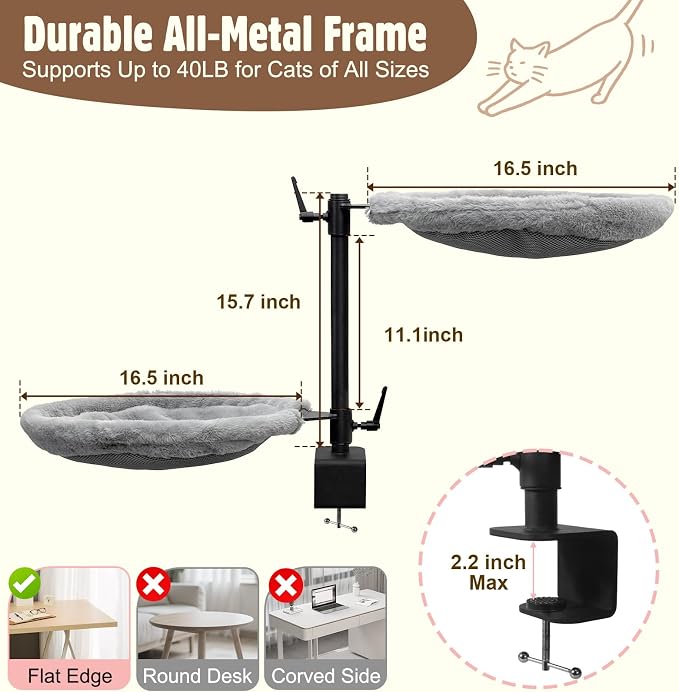 Double Cat Desk Bed, 360° Rotating & Adjustable Heigh Kitten Nest for Desktop, Double Kittens Clamp Hammock Bed with Dual-Sided Reversible Mat for Home Office-Maximum Hold Up to 40lb - Image 3