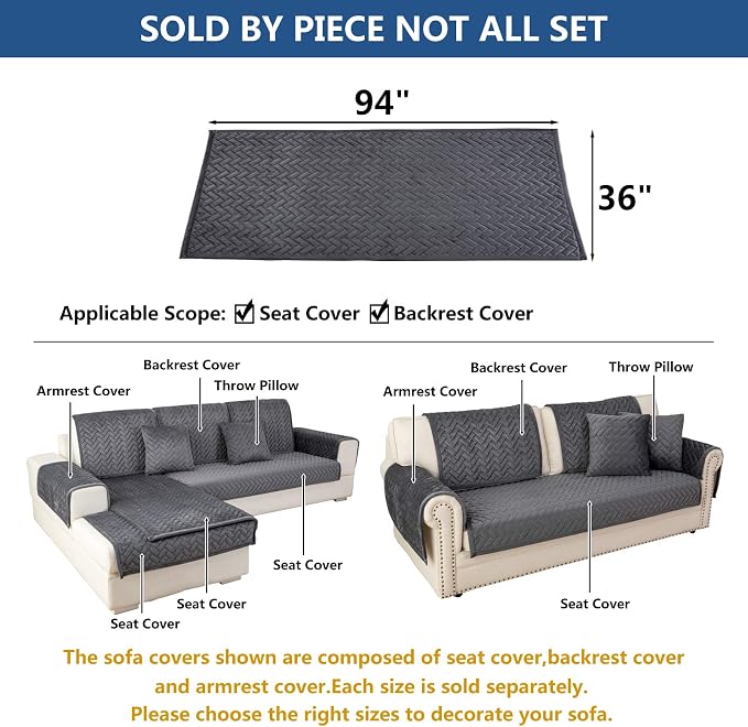 Eismodra Couch Cover,Sectional Couch Covers,Sofa Covers for 3 Cushion Couch,Anti-Slip Sofa Slipcovers for Dogs Cats Kids Loveseat Recliner L Shaped Armrest Backrest,Dark Gray 36''x94''(Only 1 Piece) - Image 5