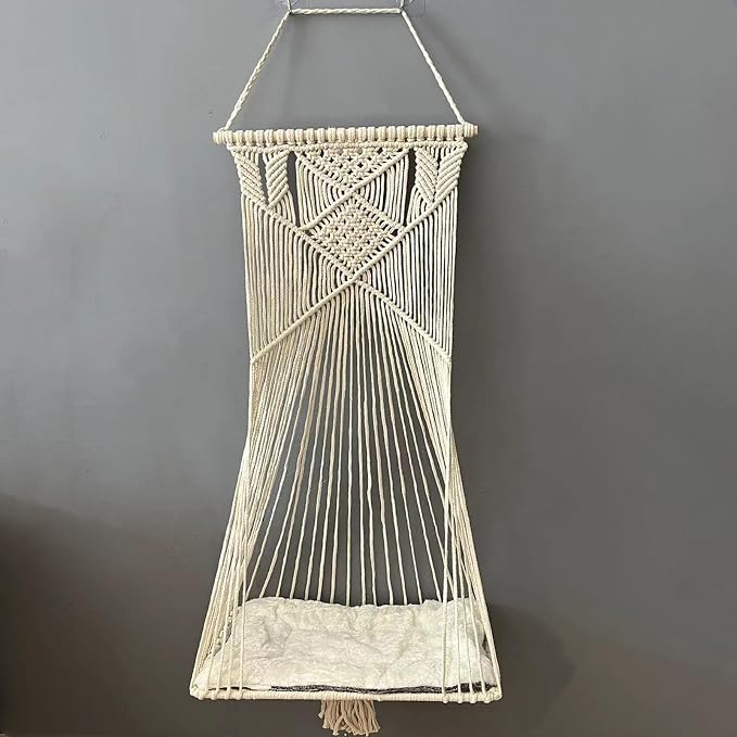 Macrame Hanging Cat Hammock Bed Cat Swing House Space Saving Window Perch with Washed Cotton Cats Toy Tassel Basket Tapestry (Beige, Swing Bed+Cushion) - Image 4