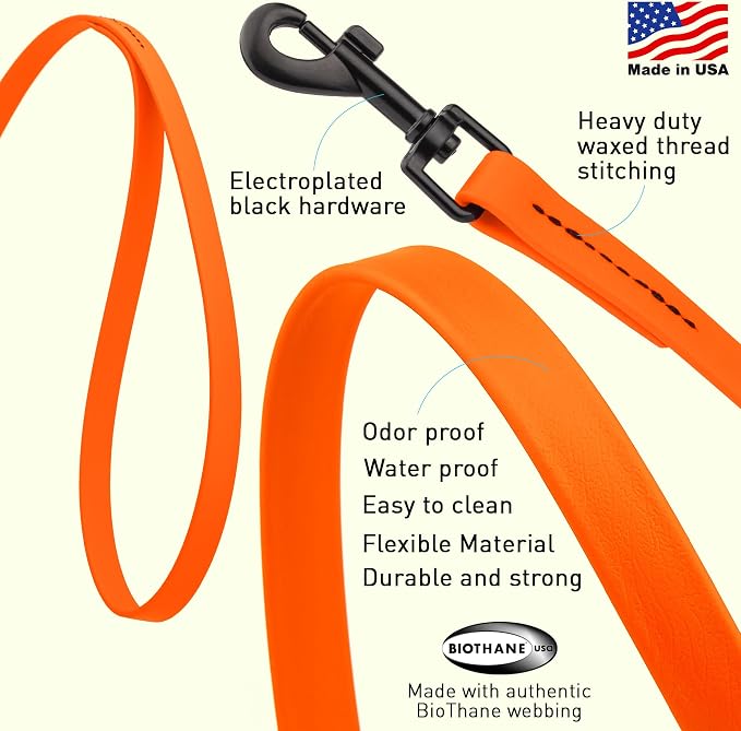 Dogline Biothane Waterproof Dog Leash Strong Coated Nylon Webbing with Black Hardware Odor-Proof Easy to Clean High Performance for Small or Large Dogs Made in USA 2 ft Lead, Hunter Orange - Image 2