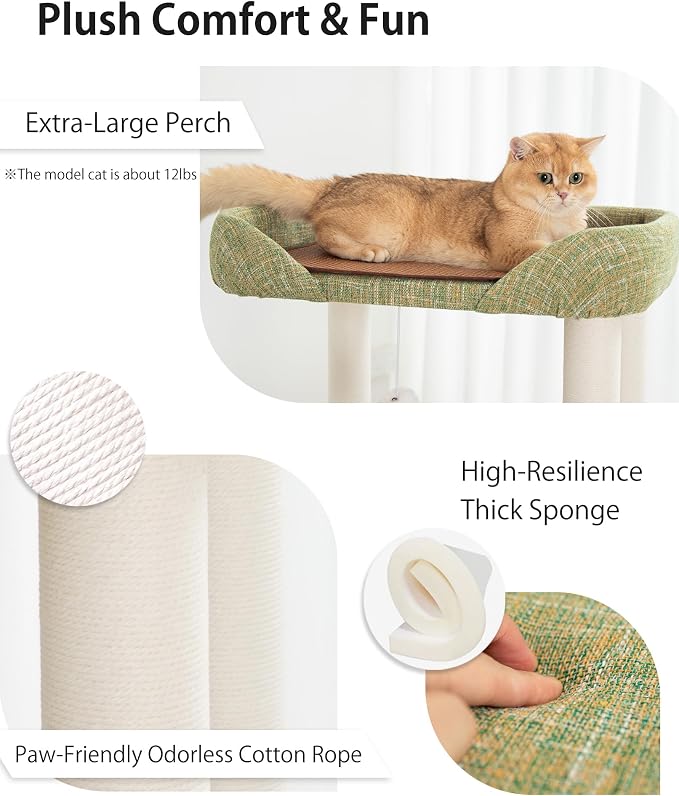 Cat Tree Tower 37.4'' (95 cm) with Scratching Posts,Multi-Level Cat Tree Tower with Wide Shelves for Senior Friendly Baby/Large Cats, Scratching Posts(Olive Green) - Image 6