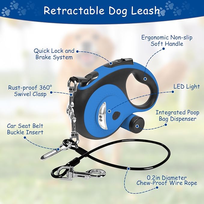 26Ft Retractable Dog Leash - for Dog Up to 110lbs, Tangle Free Walking Leash with Chew Proof Cable | LED Light | Dispenser | Poop Bags, Quick Lock Braking & Non-Slip Handle (Blue) - Image 3