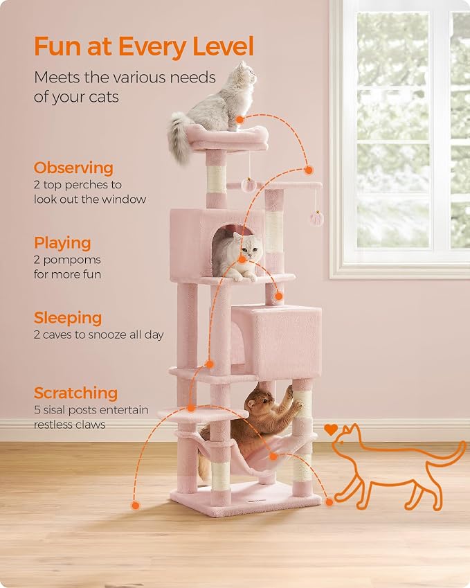 Feandrea Cat Tree, 59.5-Inch Tall Cat Tower, Multi-Level Condo, Jelly Pink | with 5 Scratching Posts, 2 Perches, 2 Caves, Hammock, 2 Pompoms, 2 Caves for Indoor Cats, Easy to Assemble, UPCT192P01 - Image 4