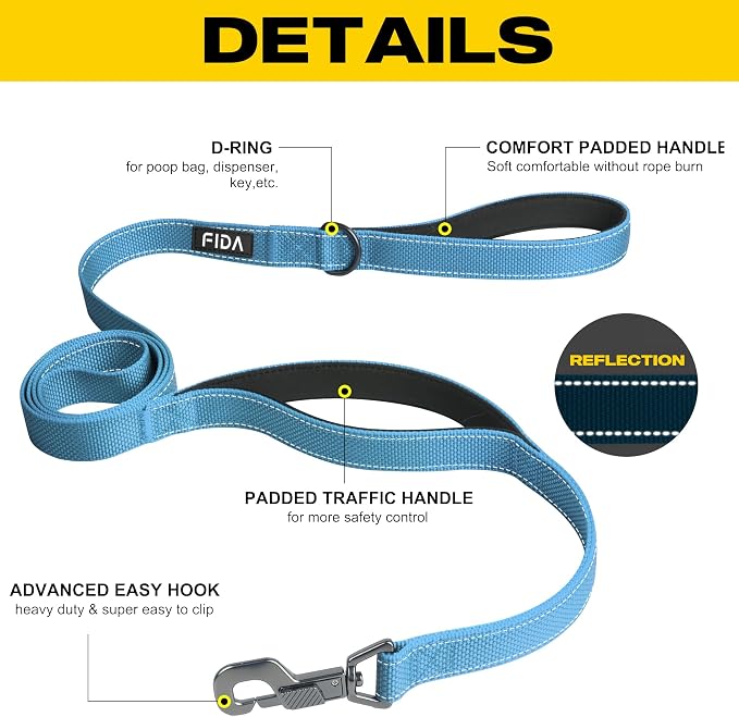 Fida Heavy Duty Dog Leash for Medium Large Dogs, 6 FT, Dual Padded Handles | Traffic Handle for Close Control, Advanced Easy Snap Hook, Reflective, Strong Nylon Webbing for Daily Walks & Training, Blue - Image 2