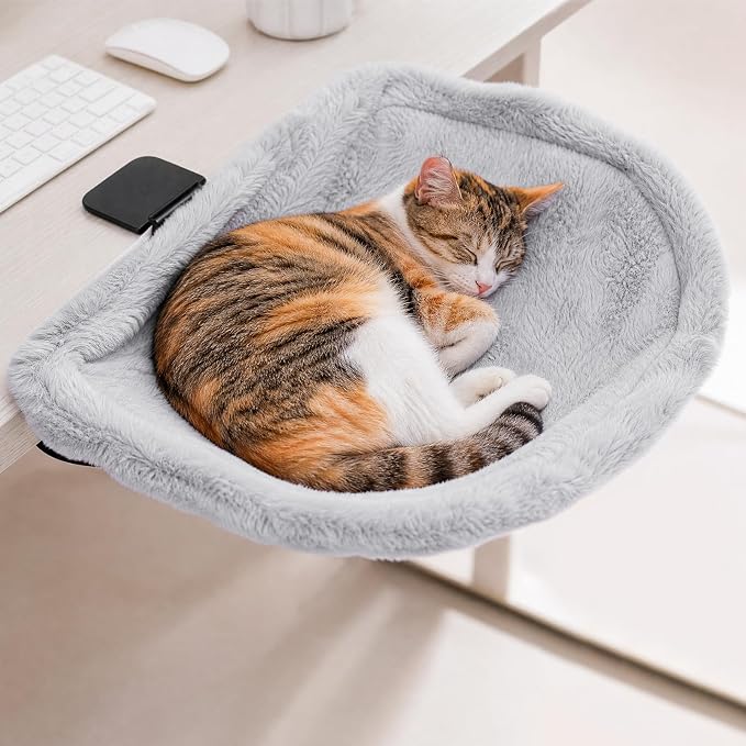 Cat Desk Bed, Clamp-On Desk Hammock, 40 lb, Fits 0.78-2.95 in | Gray faux rabbit fur bed for work or gaming desks not for glass desktops removable machine washable cover by Unknown