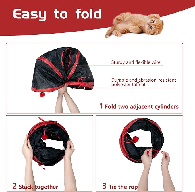 Sheldamy Cat Tunnel, 2-Way Collapsible Play Tunnel, Interactive Toy Maze for Small Animals, Red & Black - Image 4