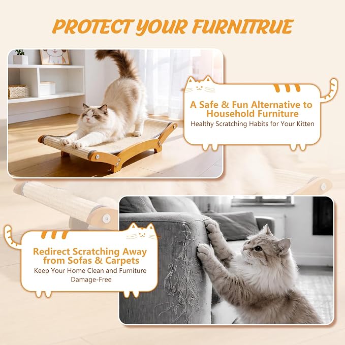 Sisal Cat Scratcher Bed for Indoor Cats, 26.3in Wooden Scratching Board | Natural Sisal Fiber,Solid Wood Frame,Cat Hammock & Lounger,Scratch Pad for Large Cats,Space-Saving,Multi-Cat households,Beige - Image 5