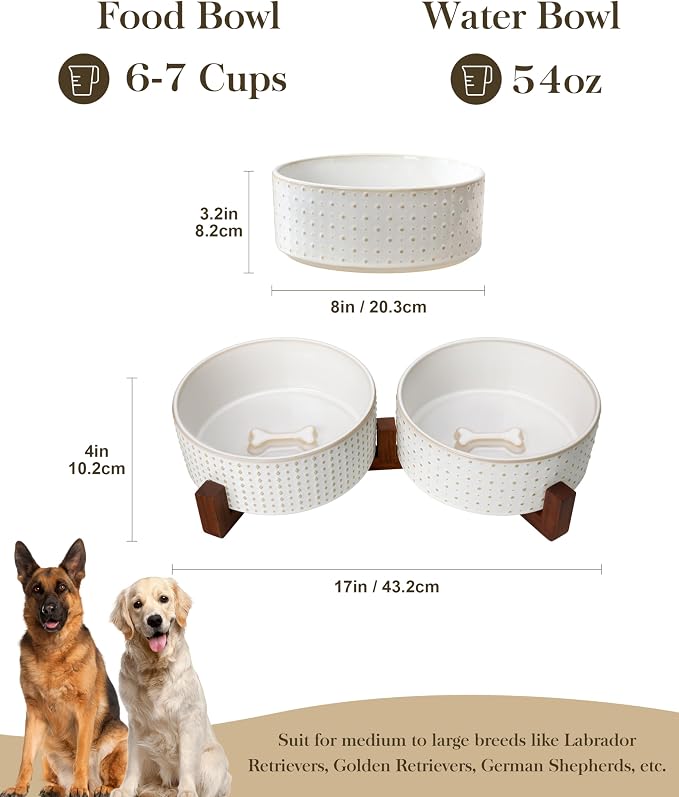 MALACASA Dog Bowl Set, Ceramic Bowls with Walnut Wood Stand, 6 Cups | Rhombic and Polka Dot Design, Non-Slip Base, for Dogs, About 26% Heavier than Similar Ceramic Bowls - Image 2