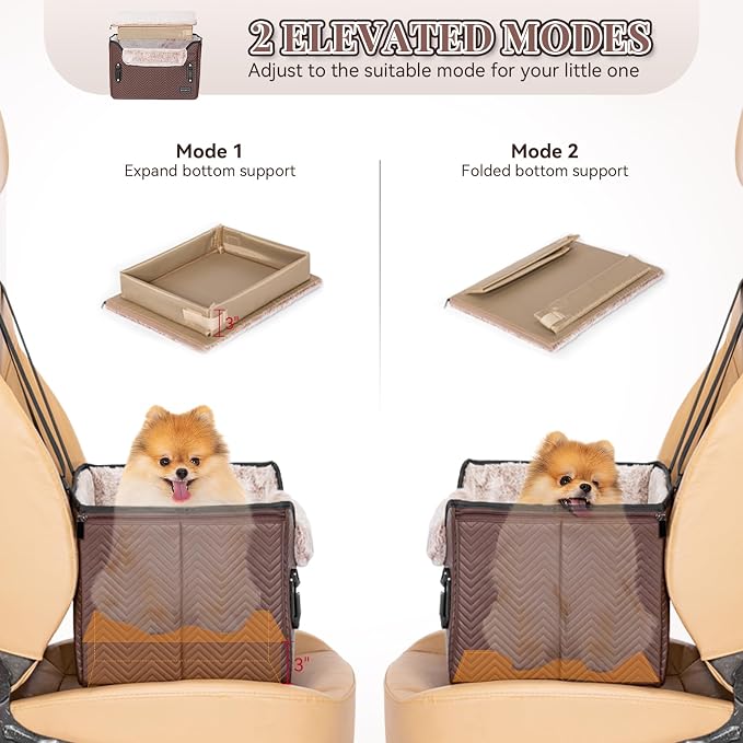 PETSFIT Car Seat for Dogs, Waterproof PU Leather Dog Car Seat for Small Dogs with Patent Safe Buckles, Clip-On Leash, Pet Travel Carrier Bed for Small Pets Up to 25lbs (Brown) - Image 4