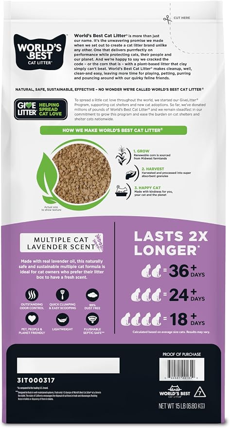 World's Best Cat Litter, Lavender Scented, Long-Lasting Odor Control, 15 lb | Controls multi-cat odors with a calming lavender scent; natural corn litter, quick clumping, flushable, 99% dust free formula - Image 2