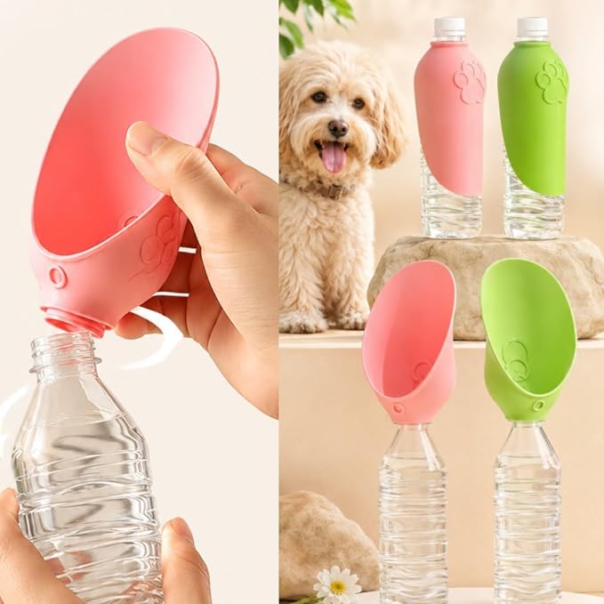 2PCS Portable Dog Water Bottle Attachment, Silicon Slip-On Pet Water Bowl, Foldable Leak Proof Dog Drink Dispenser Adapter for Outdoor Walking Hiking Travel (Green+Pink) - Image 5