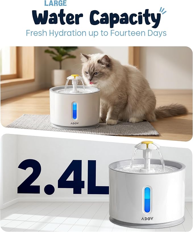 ADOV Cat Water Fountain for Drinking, Quiet 81oz/2.4L Automatic Pet Fountain for Cats Indoor, LED Light, Water Level Window, 3 Flow Modes, Easy to Clean, Filter Included for Cats and Small Dogs - Image 4