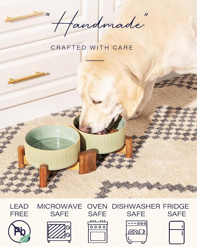Getstar Ceramic Dog Bowls Set with Acacia Wood Stand, 3.5 Cups Pet Bowls Set of 2 for Medium Dogs, Cute Dog Food Bowl, Cat Bowls - Image 5