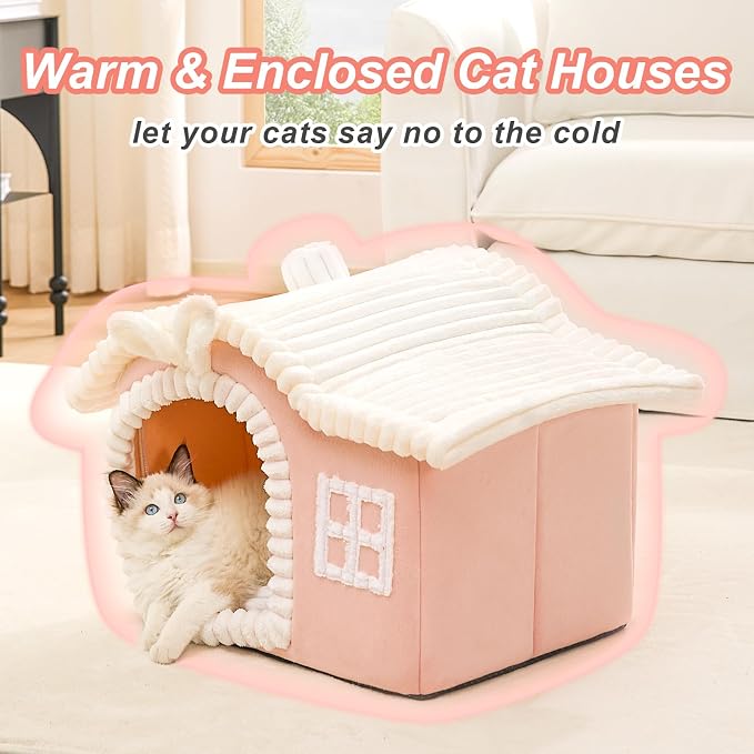 Rabbit Cat Houses for Indoor Cats, Chimney Cute Cat Bed Cave, Enough Interior Space, Cartoon Soft Pet House Up to 3-10 lbs Kitten, Pink - Image 2