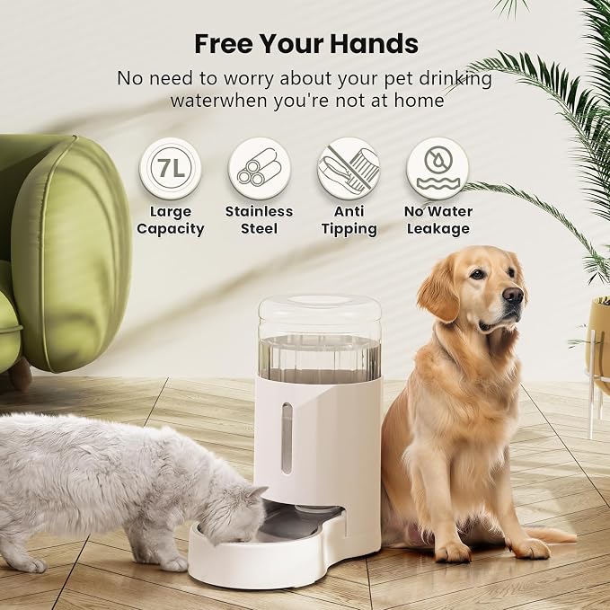 CZPET Dog Water Bowl Dispenser 7L, Wider Mouth Gravity Refilling (White) | With Stainless Steel Bowl Gravity Waterer, Large Capacity and Drinking Area Noise-Free for Pets - Image 8
