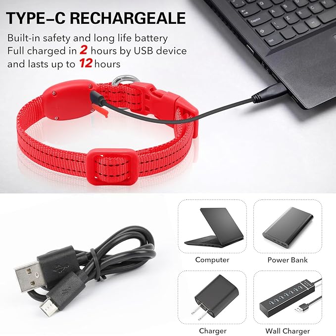 Light Up Dog Collar for Small Dogs - Rechargeable LED Cat Collar, Adjustable Reflective Puppy Collar Glowing Safety Dog Lights for Night Walking (Red) - Image 5