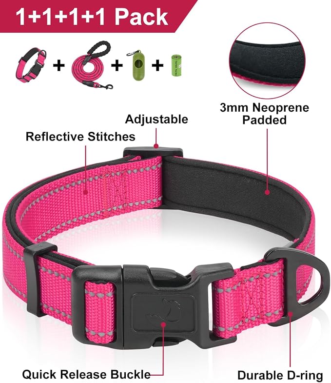 Dynmeow Reflective Dog Collar and Leash Set for Puppy Small Dogs, Hot-Pink | Soft Neoprene Padded, 6FT Climbing Rope, Ideal for Daily Outdoor Walking or Indoor Wearing, Night Visible for Safety - Image 2