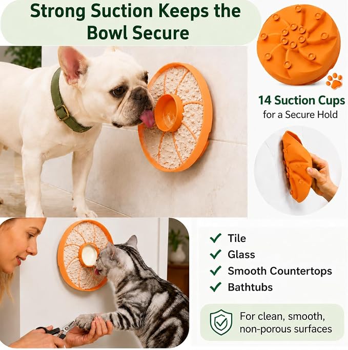 Slow Feeder Dog Bowl Silicone Suction Cup Anti Spill Dogs Cats Orange | strong suction base prevents sliding, extends mealtime, reduces anxiety, textured surface, dishwasher safe - Image 4