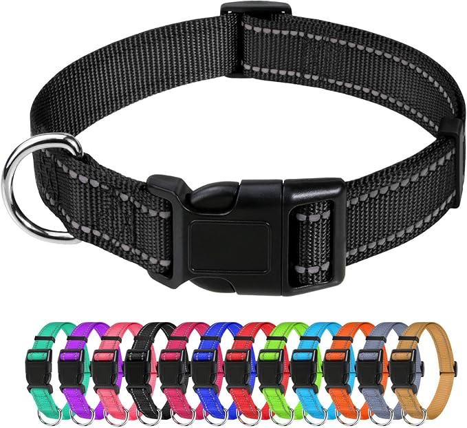 TagME Large Dog Collar, Reflective Nylon Collar, Black, 1.25" Width | Soft Nylon Dog Collar With Reflective Stitching for Night Walks, Adjustable Fit, Quick-Release Buckle for Easy On & Off by TagME
