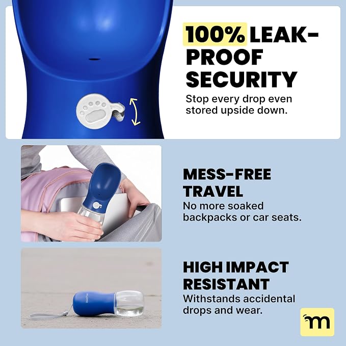 MalsiPree Dog Water Bottle Dispenser - 12 oz Navy Blue, Leak-Proof | 12oz leak-proof bottle & bowl - one-hand use - Use for dog walks, travel, hiking, park & beach days - Image 3