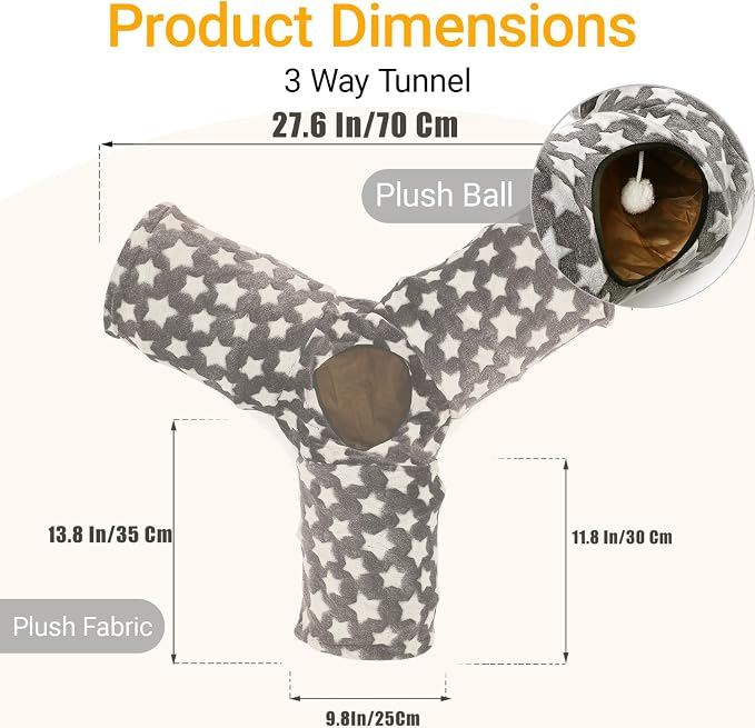 Cat Tunnel Toy- 3 Way-Shaped, Gray Star Pattern, Soft Velvet Exterior, Oxford Fabric Fog-Proof Interior, Plush Toy Ball, Easily Washable, Conveniently Foldable - Image 2
