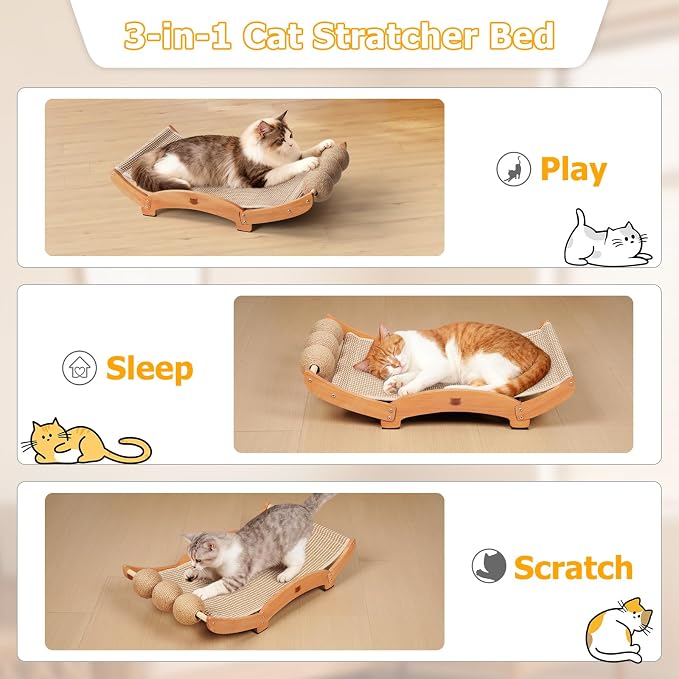 3 in 1 Sisal Cat Scratcher Bed, Solid Pine Cat Scratcher with Balls (Wood) | Extra Large Cat Scratching Post with Hammock, Cat Scratcher for Scratch & Play & Rest, Cat Furniture for Indoor Cats, Kitten - Image 4