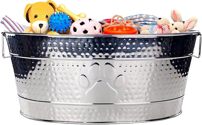 BREKX Stainless Steel Indestructible Dog Toy Bin - Pet Storage Bin with Handles, Large Organizer Storage Basket for Pet Toys, Blankets, Leashes - Pawprint Design Home Decor (Silver - 25 Quart) by BREKX