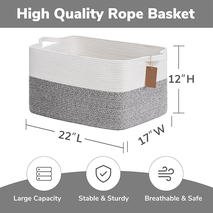 Goodpick 75L Extra Large Woven Rope Blanket Basket, Rectangle, Light Gray | 22" × 17" × 12" Decorative Storage Basket for Pillows & Clothes, Fits Bedroom & Nursery Organization, Reinforced Handles - Image 3