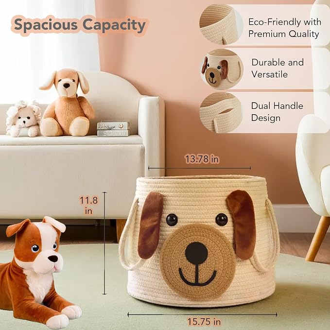 Large Dog Woven Basket with Handles - Toy Storage Bin, Baby Gift & Animal Nursery & Cute Laundry Basket, for Clothes, Towels, Toys (Dog) - Image 5