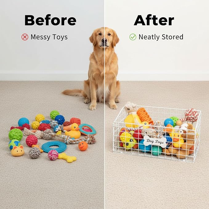 Dog Toy Bin-Dog Toy Basket-Metal Storage Box-Chew-Proof Dog Food Toy Storage Container-Dog Storage Organizer-For Puppy Leash,Accessories,Blanket Food Storage Container-(White) - Image 5