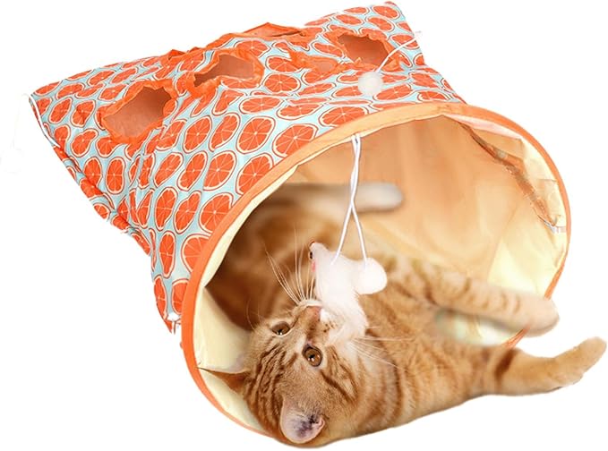 SYCOOVEN Cat Tunnel Bag for Indoor Cats, Pet Collapsible Tunnel Crinkle Sack Bag with 1 Little Mouse & Toy Ball, Crinkle Paper Interactive Cat Toys Hide and Seek(Orange Pattern) by SYCOOVEN