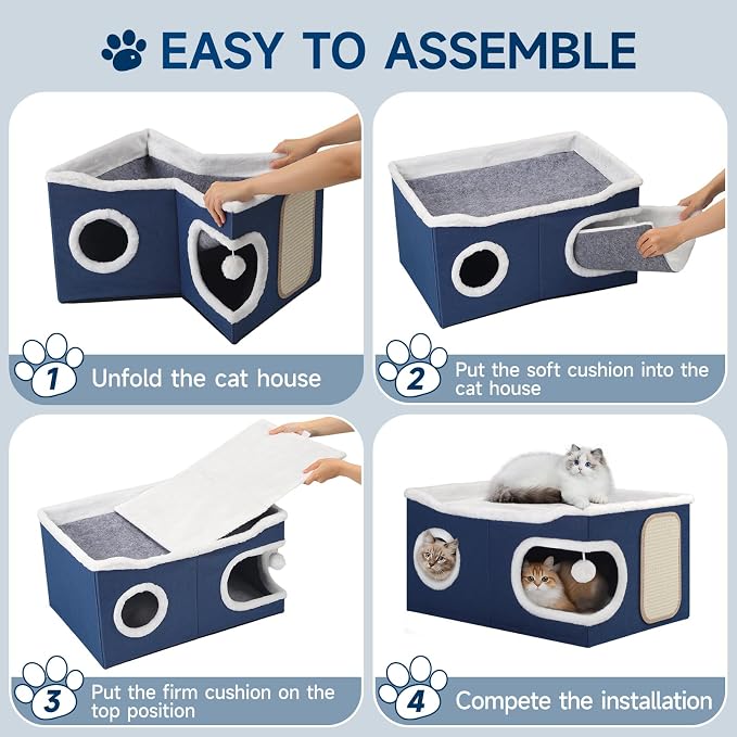 Shikha Extra Large Cat House Bed for Multi Cats with Scratch Pad Blue | 24 x 17.7 x 12.6 IN Widen Cat Cave Cube for Multi Pets, Foldable, Arc-Edge Design, Oval Door, All Seasons Reversible Cushion - Image 8