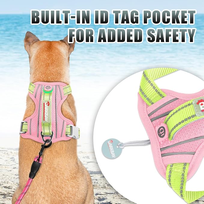 BARKBAY No Pull Dog Harness Large Reflective Dog Harness with Front Clip and Easy Control Handle for Walking Training Running with ID tag Pocket(Baby Pink & Sunlight,L) - Image 2