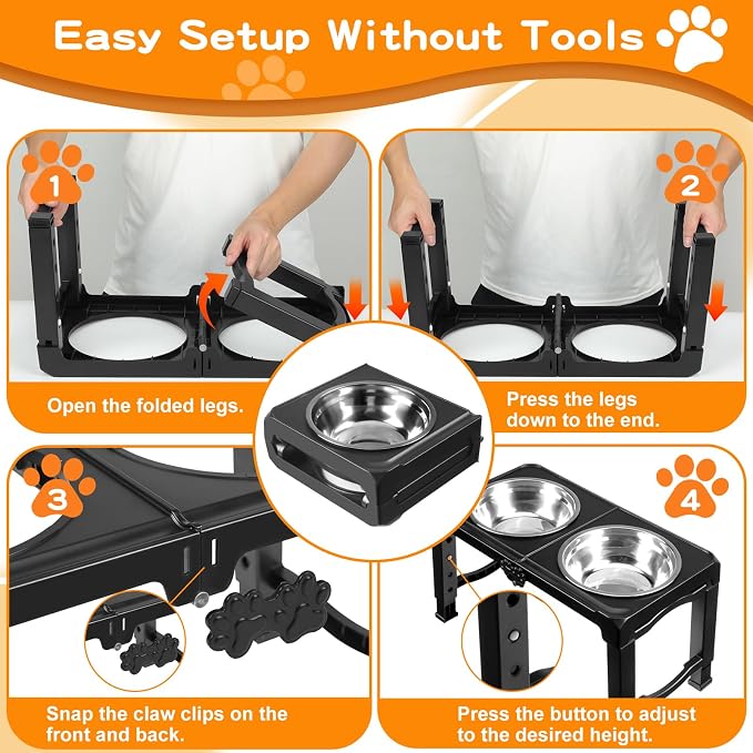 COMESOON Elevated Dog Bowls, 5 Adjustable Heights (3.9"-13.4") Raised Dogs Food Bowl Stand for Medium Large Sized Dogs, Non-Slip Foldable Travel Pet Feeder Black with Stainless Steel Bowls - Image 7