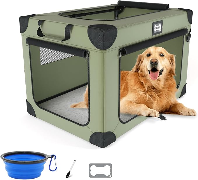 42 Inch Travel Collapsible Dog Crate Green with Signature Card，Storage Bag | Chew-Proof Mesh Window,Sturdy Frame,Soft Blanket & Foldable Bowl,Waterproof & Easy to Clean,Portable for Camping，Mesh Windows by Unknown