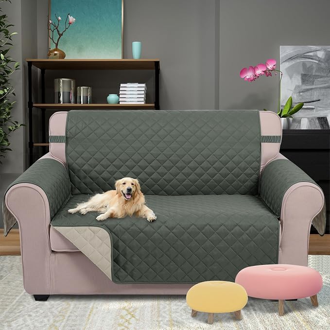U-NICE HOME Loveseat Sofa Cover for 2 Cushion Couch, Grey/Beige | 45''Loveseat Cover Washable, Pet Friendly, Elastic Straps, Water Repellent, Furniture Protector for 2 Cushion - Image 2