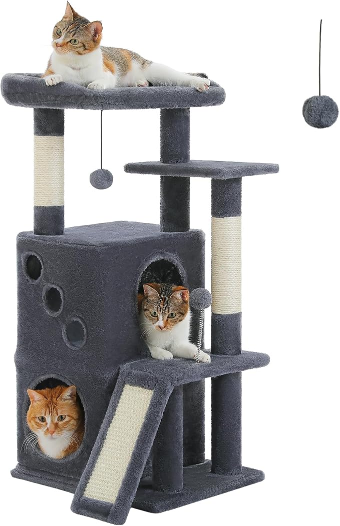 PETEPELA Kitten Cat Tree, 34.6" Small Cat Tower with Ramp & Toys, Deep Grey | Compact 34.6-inch tower with 2 cozy condos, sisal scratch ramp & posts, dangling toys; right-sized for kittens & small cats - Image 2