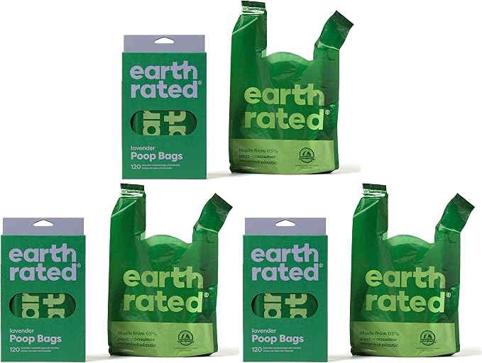 Earth Rated Dog Poop Bags with Handles, Extra Wide, Easy Tie and Guaranteed Leakproof, Lavender Scented, 120 Handle Bags (Pack of 3) by EarthRated