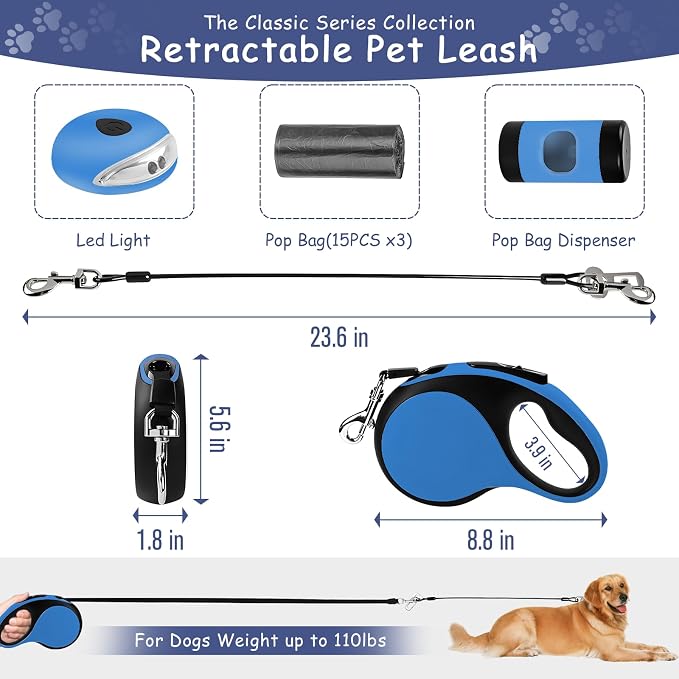 26Ft Retractable Dog Leash - for Dog Up to 110lbs, Tangle Free Walking Leash with Chew Proof Cable | LED Light | Dispenser | Poop Bags, Quick Lock Braking & Non-Slip Handle (Blue) - Image 2