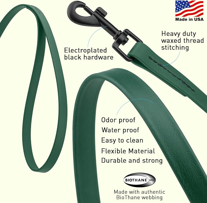 Dogline Biothane Waterproof Dog Leash Strong Coated Nylon Webbing with Black Hardware Odor-Proof Easy to Clean High Performance for Small or Large Dogs Made in USA 4 or 6 ft Lead, Hunter Green - Image 2