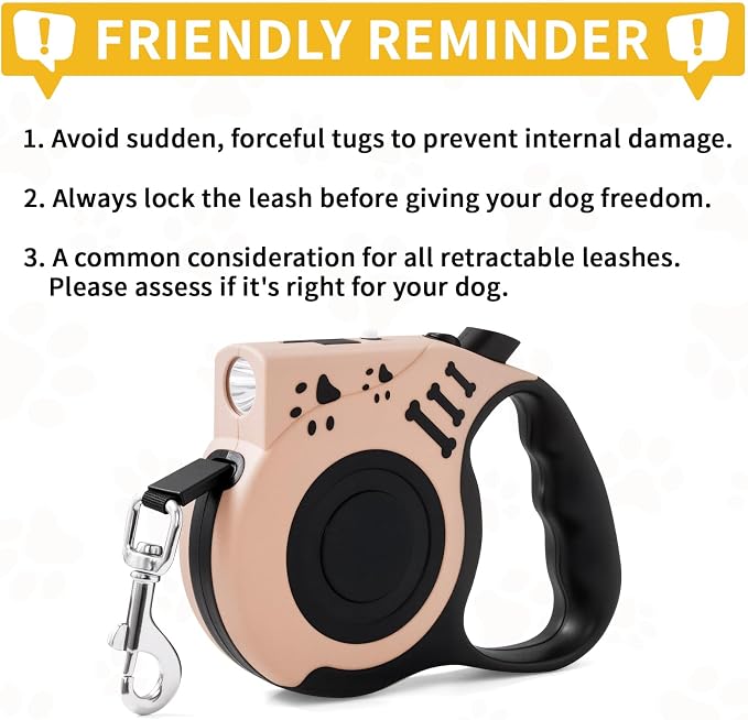 Retractable Dog Leash with USB Rechargeable Flashlight, Beige | 16FT Automatic Telescopic Tractor Dog Leash, Durable ABS Case and Comfort Grip, Designed for Small Medium Dogs Up to 30lbs - Image 8