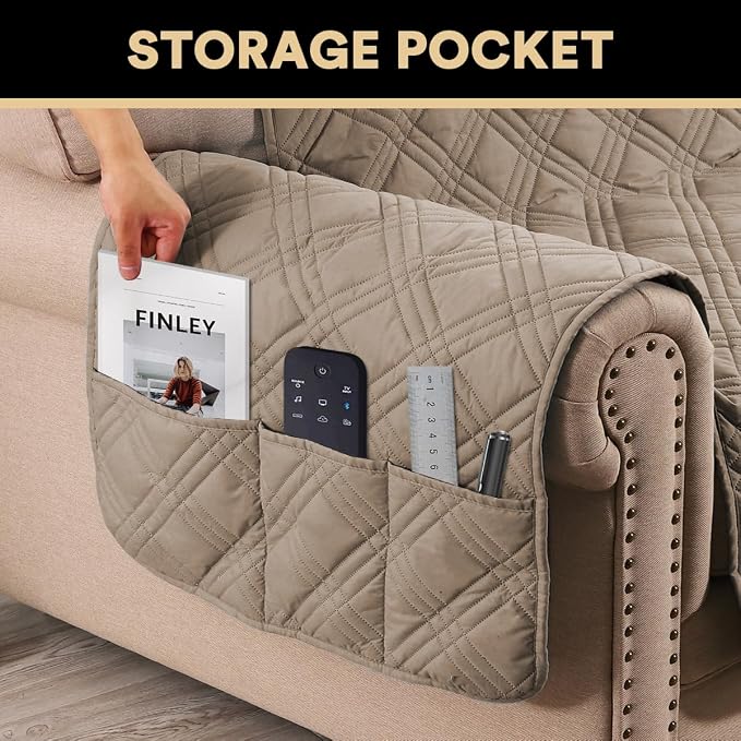 PrinceDeco 100% Waterproof Loveseat Covers for 2 Cushion Couch Sofa Covers Waterproof and Washable Sofa Slipcover with Side Pocket Furniture Protector with Elastic Straps(Loveseat 48", Taupe) - Image 4