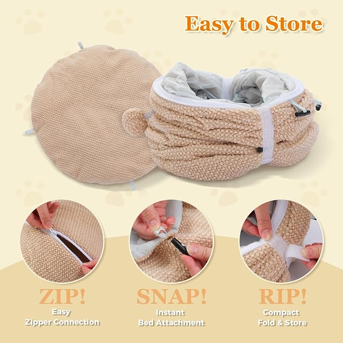 PEQULTI Beige Donut Cat Tunnel Bed Washable Plush Mat Multi for Small Pets | Round play tube with soft detachable plush mat, multi-pet toy fit indoor cats, kittens, puppies, rabbits and ferrets - Image 6