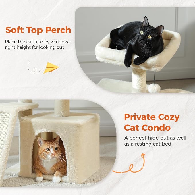 PETEPELA Cactus Cat Tree for Kittens & Small Cats, 32in Cat Tower, Beige | Compact 4-in-1: sisal ramp, cozy hammock, condo & washable top bed; for kittens & small indoor cats - Image 5