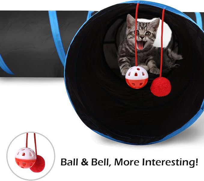Pawaboo Cat Tunnel Tube 4 Way, 25x53cm, Blue | Extensible Collapsible, Interactive Toy Maze Cat House, With Balls and Bells, For Cat Kitten Kitty Rabbit Small Animal - Image 4