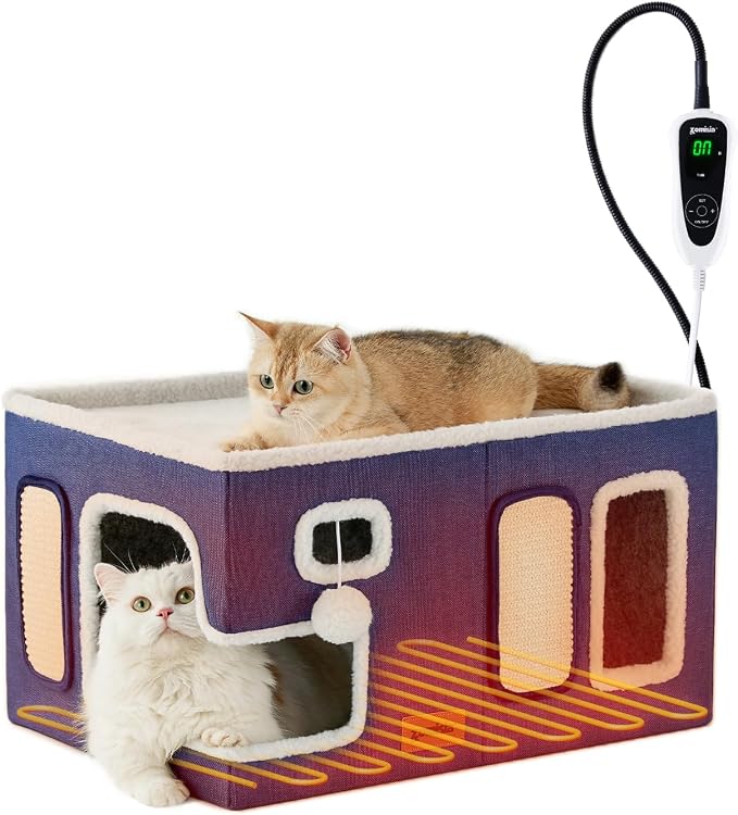 ZOMISIA Heated Cat House for Indoor Cats - Large Cat Warming Bed for Winter with Fluffy Ball Hanging and Adjustable Heating Pad, Foldable Cat Hideaway,23x16.5x13 inches, Navy Blue by Zomisia