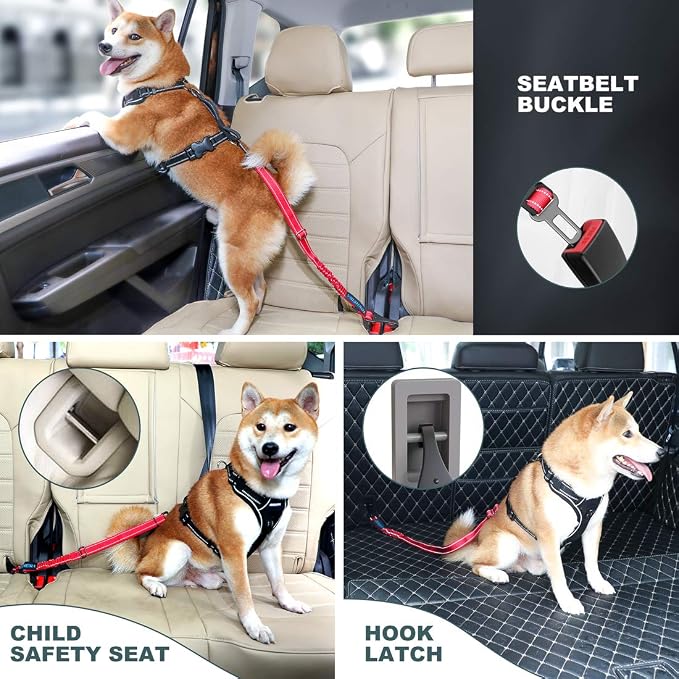 IOKHEIRA Dog Seat Belt 3-in-1 Car Harness for Pets Adjustable Safety Seatbelt Nylon Reflective Bungee Fabric Dog Car Harness with Clip Hook Latch & Buckle, Swivel Zinc Alloy Carabiner Red - Image 6