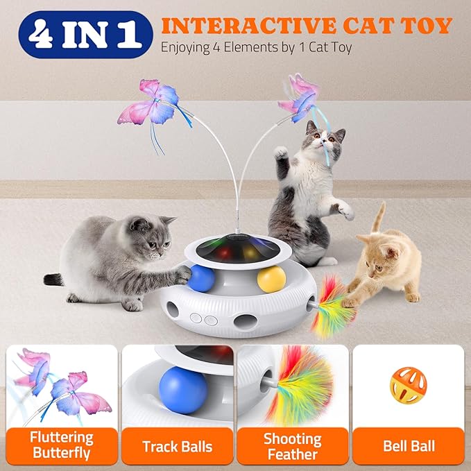 Pawtners Cat Toys, Automatic Interactive Kitten Toys for Indoor Cats, White | Fluttering Butterfly, Moving Feather, Track Balls and USB Rechargeable Powered Smart Indoor Exercise Kicker - Image 2