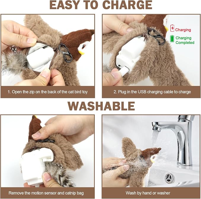 Tocirelo Cat Toy Flapping Bird (No Flying), Simulate Chirping Flappy Bird | Interactive Cat Toys for Bored Indoor Adult Cats, Rechargeable Realistic Catnip Kicker Toy with Flapping Wings for Kitten - Image 6